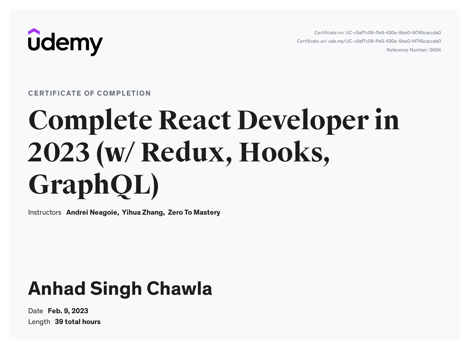React Developer certificate
