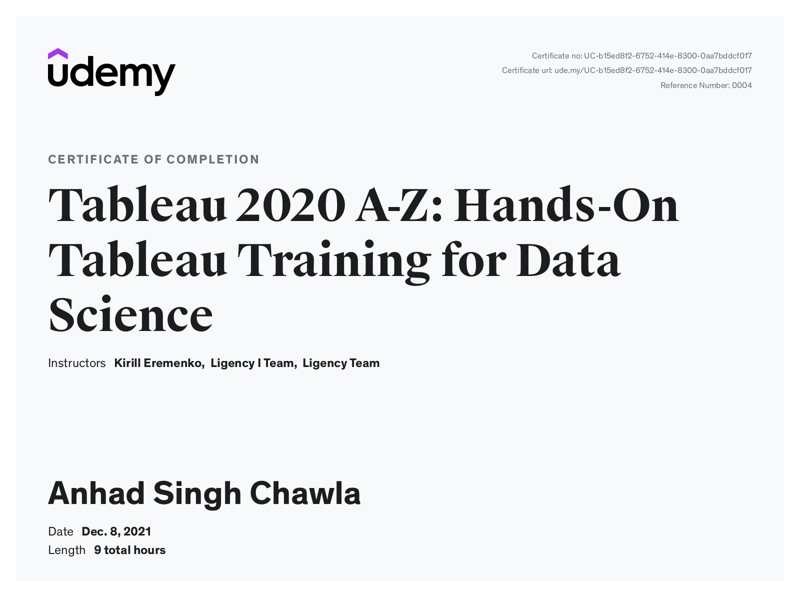 Tableau certificate